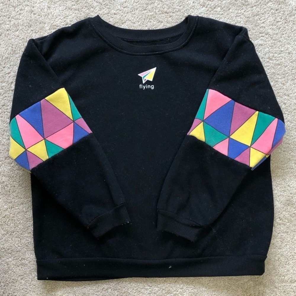 WOMEN’S Black Crewneck Sweater w/ Flying Paper Plane Logo & Geometric Triangles